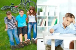 Stage d'immersion néerlandais ABCzaam ou cours particuliers, des élèves qui sourient dans l'herbe et un élève qui réfléchit